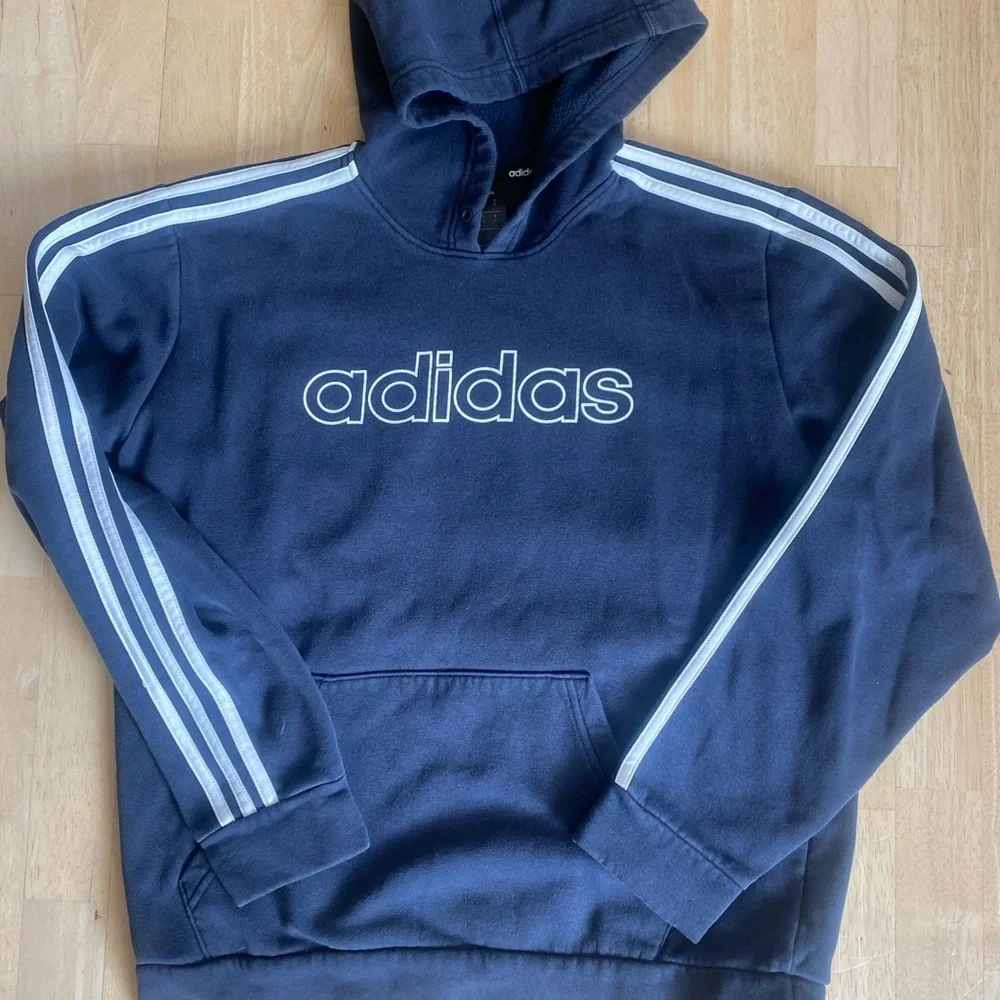 Adidas Men's Dark Blue Hoodie with White Stripes